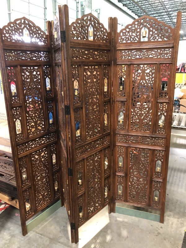 Photo 1 of ***MISSING BELL, MINOR SCRATCHES AND DENTS***Room Divider Wood Screen - Ghanti Bells Antique Brown - 4 Panel Folding 72 x 80 - Assembled Hand Carved Decorative Functional Versatile Portable Partition Reversible Privacy Boho - COTTON CRAFT