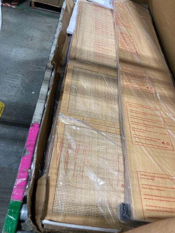 Photo 1 of ****FACTORY SEALED, MISSING INSTRUCTIONS/MANUAL***Garvee Queen Bed Frame with Natural Rattan Headboard, Wooden Bed Frame with Four Storage Drawers, Sturdy Metal Base with Wooden Structure, Bohemian-Style Cane Mattress Support, No Box Spring Needed