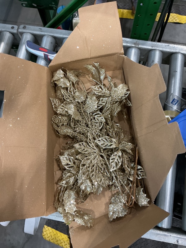 Photo 1 of 6 Pcs Christmas Tree Picks 25 Inch Glitter Christmas Flowers Poinsettia Glitter Christmas Picks Sprays with Flowers Holly Leaves Pine Needles for Xmas Tree Ornaments Fireplace Wreath - Champagne