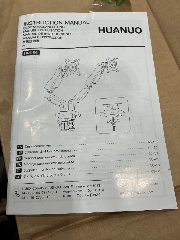 Photo 1 of ***SEE CLERK COMMENTS*** HUANUO Dual Monitor Stand - Full Adjustable Monitor Desk Mount Swivel Vesa Bracket with C Clamp, Grommet Mounting Base for 13 to 32 Inch Computer Screens - Each Arm Holds 4.4 to 19.8lbs