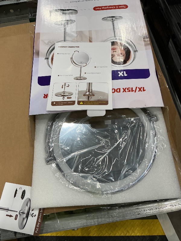 Photo 1 of 15x Makeup Mirror with Light, Lighted Vanity Mirror with 3 Color Brightness Adjustable, 360°Rotation Double Side Bathroom Mirror -Chrome