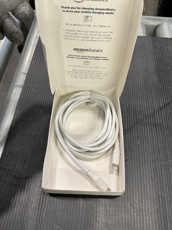 Photo 1 of Amazon Basics MFi Certified USB-C to Lightning Fast Charging Cable for Apple iPhone, Nylon Braided, 10 ft, White