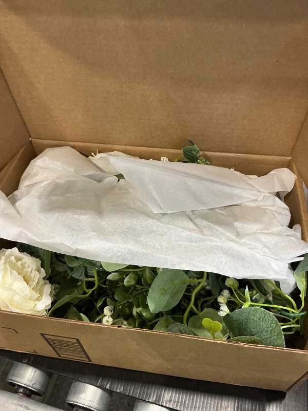 Photo 1 of 2 Pack 6Ft White Flower Garland with Eucalyptus Leaves, Faux Floral Garland Artificial Flower Garlands Decoration for Wedding Table Runner Decor, Party Backdrop