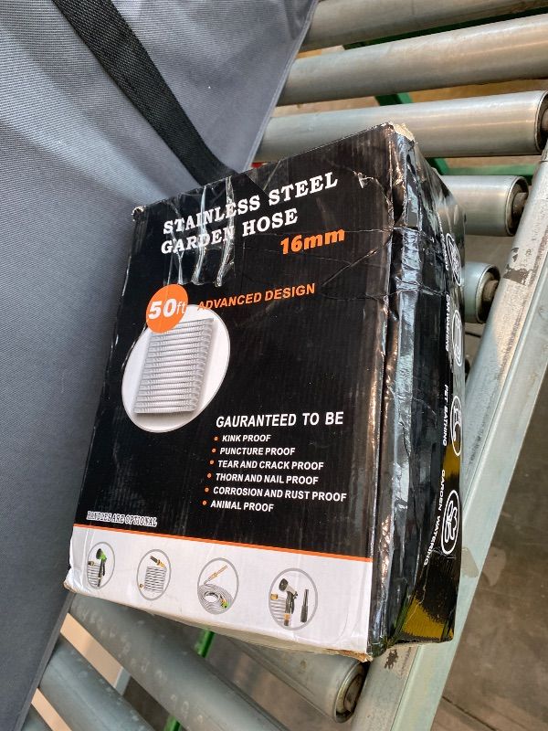 Photo 1 of *Major Damaged* Metal Garden Hose 50 ft – 304 Stainless Steel Water Hose with Nozzle Sprayer, Garden Hoses Flexible, Lightweight, No Kink, Heavy Duty for Outdoor (50 ft)