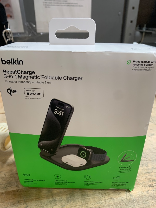 Photo 1 of ***SEE NOTES*** 
Belkin 3-in-1 MagSafe-Compatible iPhone Charger 15W, Foldable Magnetic Qi2-Certified Wireless Charging Station for iPhone 16, Apple Watch Series 10, AirPods 4, and More, w/Non-Slip Base & PSU - Black