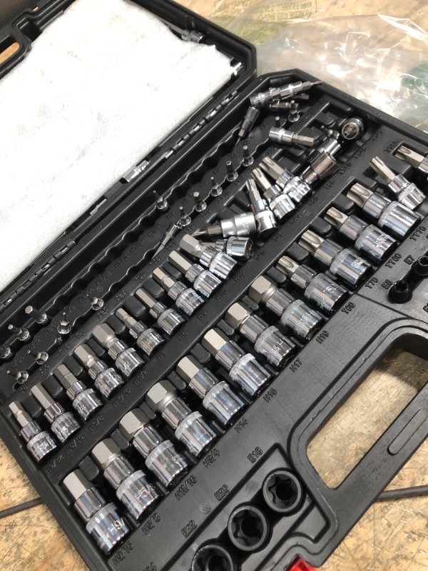 Photo 1 of ****PARTS ONLY***RIMKOLO 107-Piece Allen and Torx Bit Socket Set, 1/4", 3/8" and 1/2" Drive Hex/Ball End Hex/Extra Long Tamper Proof Torx SAE & Metric Bit Set