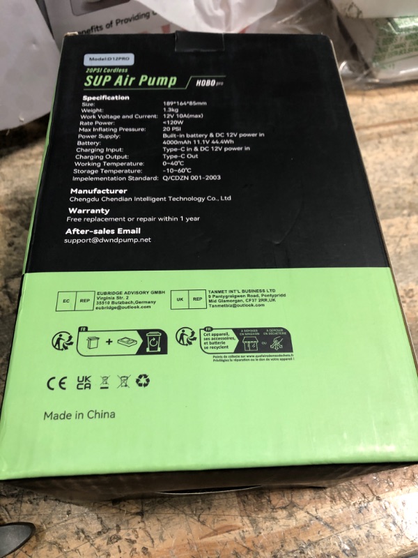 Photo 1 of **MISSING CHARGER CORD** dwndpump Paddle Board Pump Electric, Rechargeable 20 PSI High Pressure SUP Pump, Portable Dual-Stage Inflation, Auto-Off & 12V DC, for Paddle Board, Kayaks, Mattress, Kite Wings, Tents