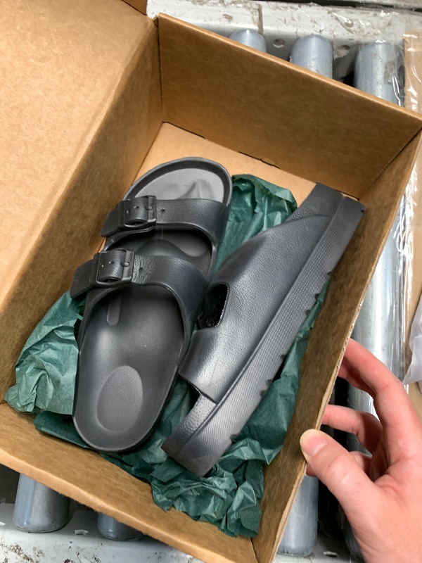 Photo 1 of (STAP DAMAGED) (USED/FAIR) Womens Black Platform Sandals with Arch Support, Adjustable Double Buckle EVA Slides, Comfort Lightweight Ultra Cushion Wedge Sandal