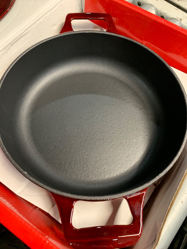 Photo 1 of (see all images for minor damage) La Cuisine Cast Iron Braiser Shallow Dutch Oven Braising Saute Pan 3.75 QT 11" Dia. Internal Matte Black Enamel Coating