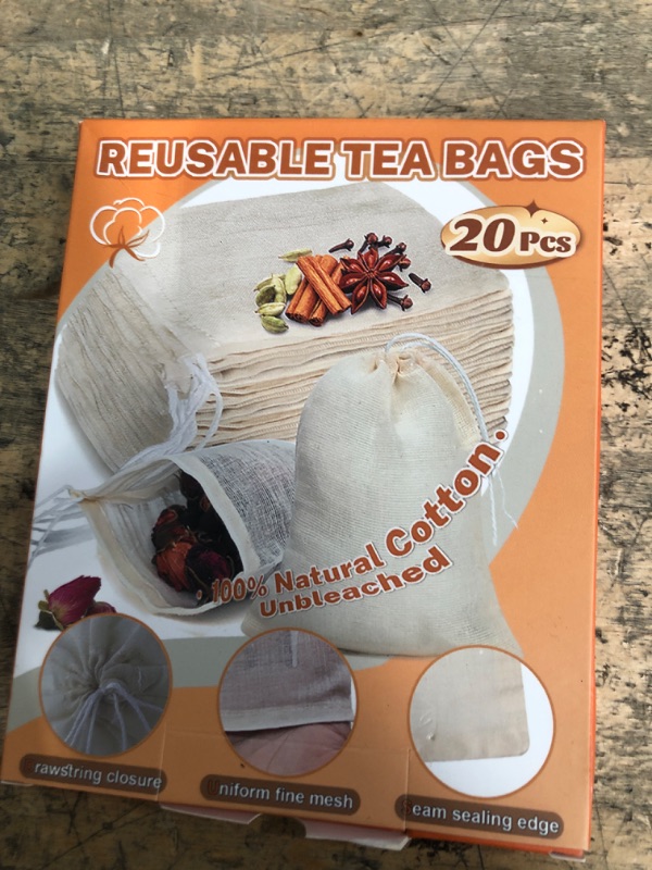 Photo 1 of 20 Pcs Muslin Bags with Drawstring, Reusable Tea Bags, Spice Bags for Cooking Soup/Herb/Loose Leaf Tea, Natural Cotton Small Cheese Cloth Bag for Straining, Sachet Bags Empty, 4 X 3 Inches