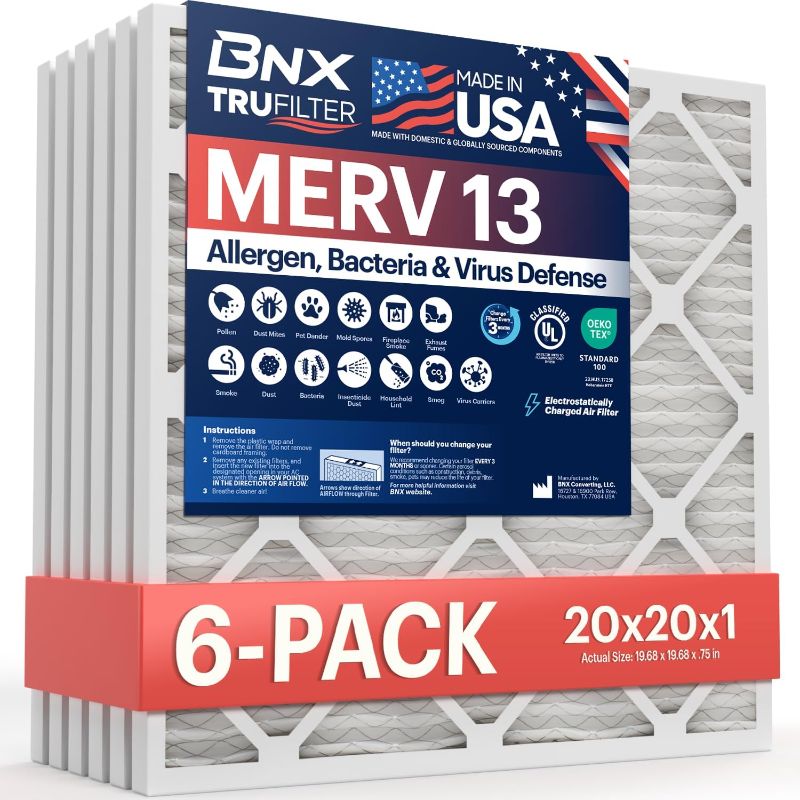 Photo 1 of  20x30x1 BNX TruFilter Air Filter MERV 13 (6-Pack) - MADE IN USA - Electrostatic Pleated Air Conditioner HVAC AC Furnace Filters for Allergies, Pollen, Mold, Bacteria, Smoke, Allergen, MPR 1900 FPR 10