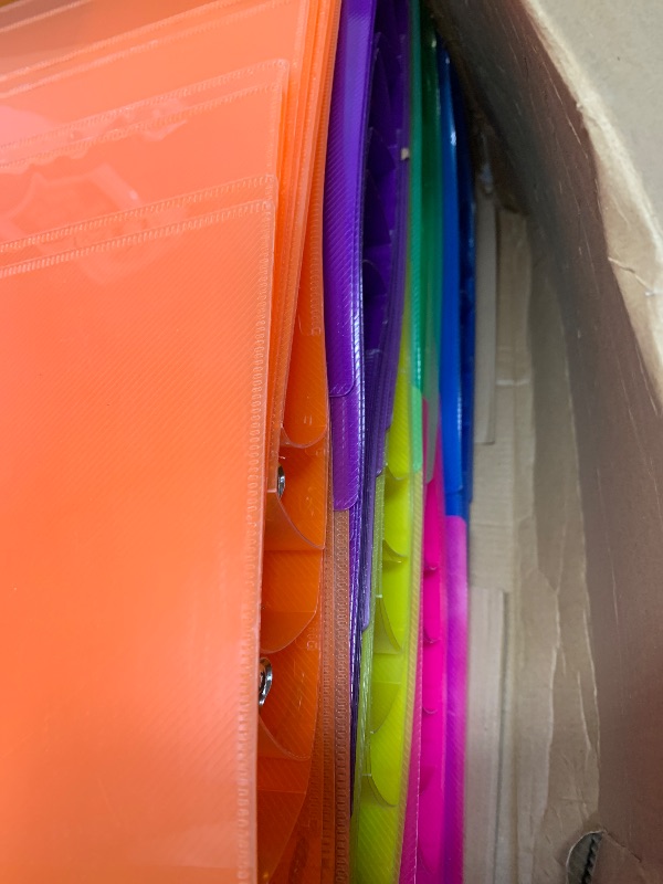 Photo 1 of (USED/FAIR) (MINOR WARE) Fulmoon 48 Pack 3 Ring Plastic Binders 1.5 Inch Bulk with 2 Pockets, Flexible Binder Loose Leaf Hardcover, Fit 12" x 10" US Letter Size Paper, for School Office Home, 6 Colors (Bright)