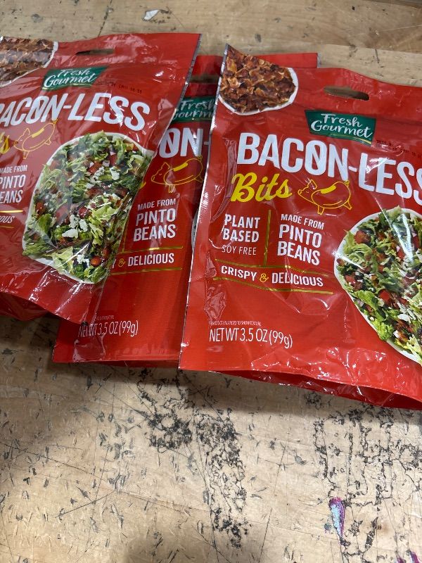 Photo 1 of **** EXP 09/03/25*** Fresh Gourmet Vegan Bacon-Less Bits - 3.5 oz Plant-Based Topping for Salads, Potatoes, Soups, and More | Soy-Free, Kosher, and Smoky Flavor | Resealable Pouch COMES PACK OF 3