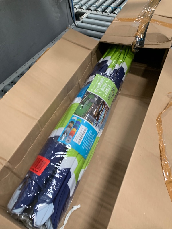 Photo 1 of **************MISSING THE LOWER PART OF THE POLE**********
Blissun 9' Outdoor Patio Umbrella, Striped Patio Umbrella, Outdoor Table Umbrella, Market Umbrella with 8 Sturdy Ribs, Push Button Tilt and Crank (Blue and Green)