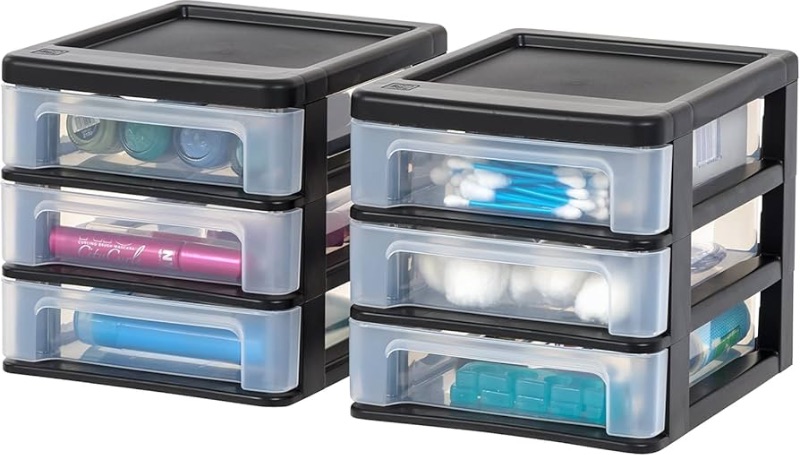 Photo 1 of 
IRIS USA Plastic Stacking Desk Top 3-Drawer Storage Organizer, 2-Pack, for Makeup Vanity Nail Polish Bathroom Stationery Art Craft Supplies Kitchen Office Garage and Small Organization, Small, Black