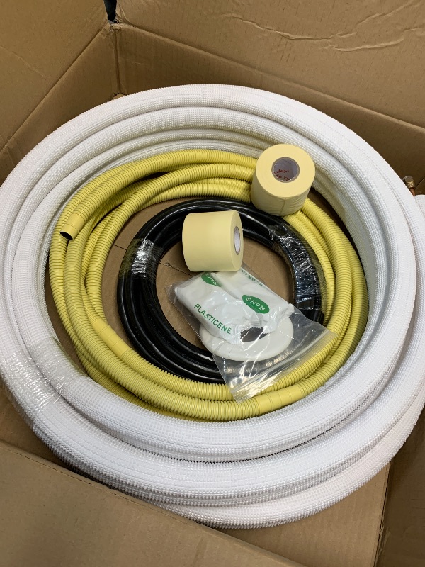 Photo 1 of 16ft Length Mini Split Line Set,1/4" 5/8" OD Copper Pipes Tubing and 3/8 White PE Thickened Insulated Coil with Flared Nuts for Mini Split Air Conditioner HVAC or Heat Pump System. (16Ft(1/4+5/8))