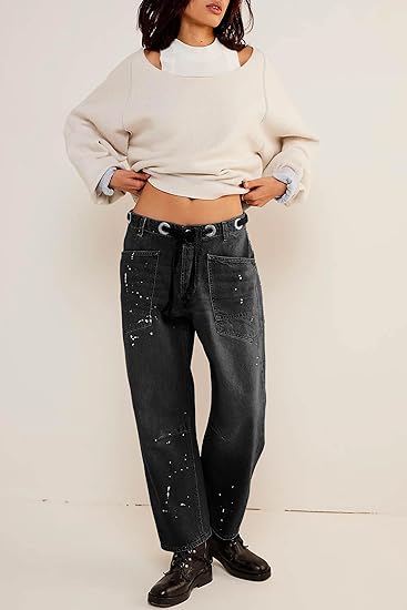 Photo 1 of (BAGGED) (USED/FAIR) Cicy Bell Womens Baggy Barrel Horseshoe Jeans Wide Leg Drawstring Vintage Denim Pants with Front Pockets Black
medium large