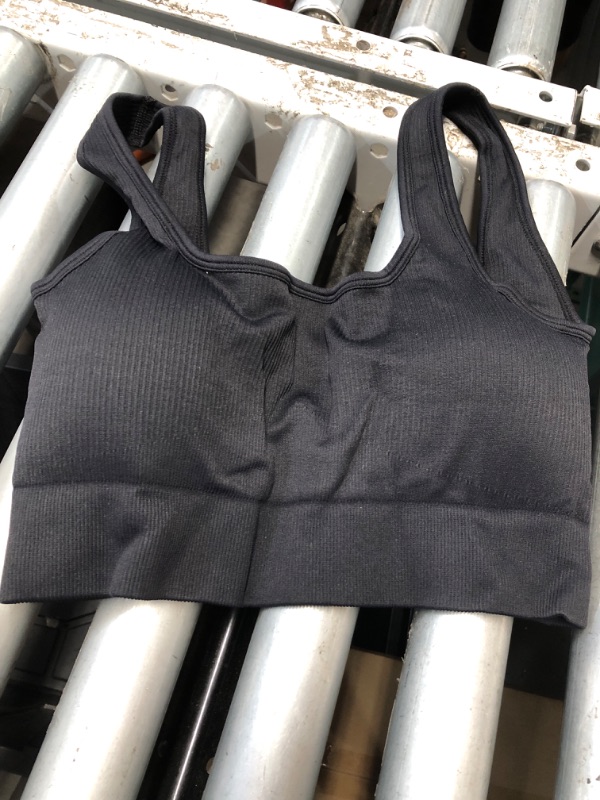 Photo 1 of **BLACK BRA ONLY** OQQ Women's 3 Piece Medium Support Tank Top Ribbed Seamless Removable Cups Workout Exercise Sport Bra Black Grey White LARGE