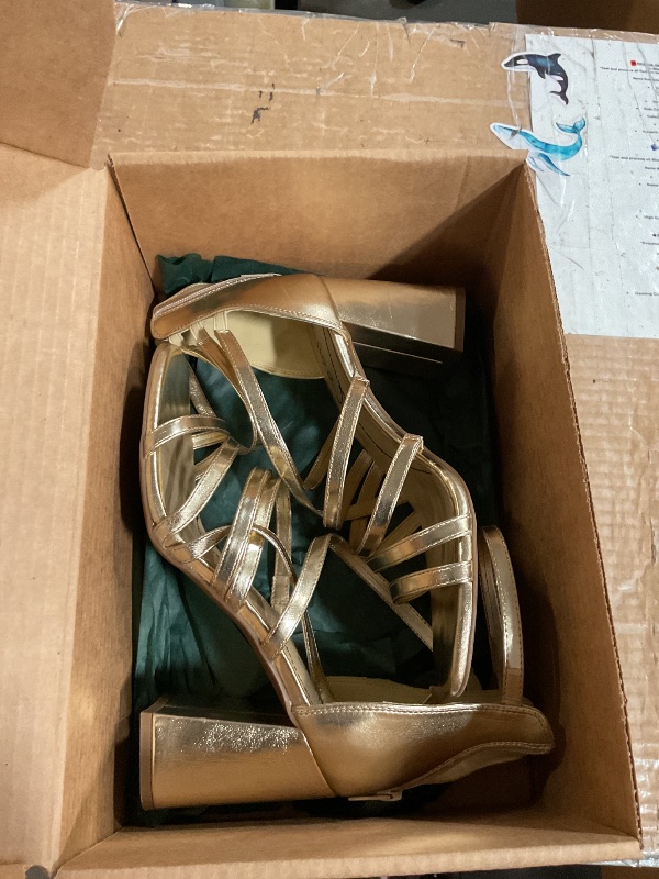 Photo 1 of (9.5) (USED/FAIR) Ruiee Women's Heels Chunky Heeled Sandals - Dressy Pump Heels Ankle Strap Square Open Toe Wedding Party High Heeled Sandals for Women.2408094 Gold Size9.5