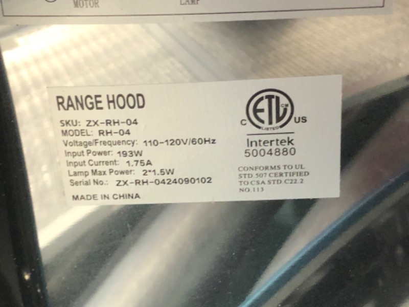 Photo 1 of ***DAMAGED - BENT - INCOMPLETE - POWERS ON - UNABLE TO TEST FURTHER - SEE PICTURES***
Euhomy Wall Mount Range Hood 30 inch, Range Hood 450 CFM, Vent Hood with 3 Speed Exhaust Fan and 2 2W LED Light, Soft Touch Panel, 2 Washable Filter, Stainless Steel