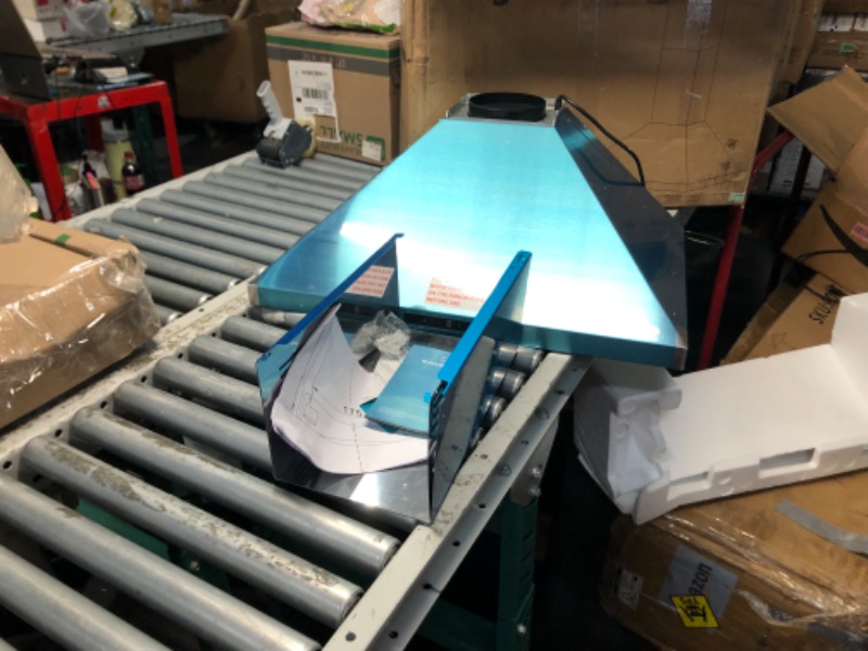 Photo 1 of ***DAMAGED - BENT - INCOMPLETE - POWERS ON - UNABLE TO TEST FURTHER - SEE PICTURES***
Euhomy Wall Mount Range Hood 30 inch, Range Hood 450 CFM, Vent Hood with 3 Speed Exhaust Fan and 2 2W LED Light, Soft Touch Panel, 2 Washable Filter, Stainless Steel