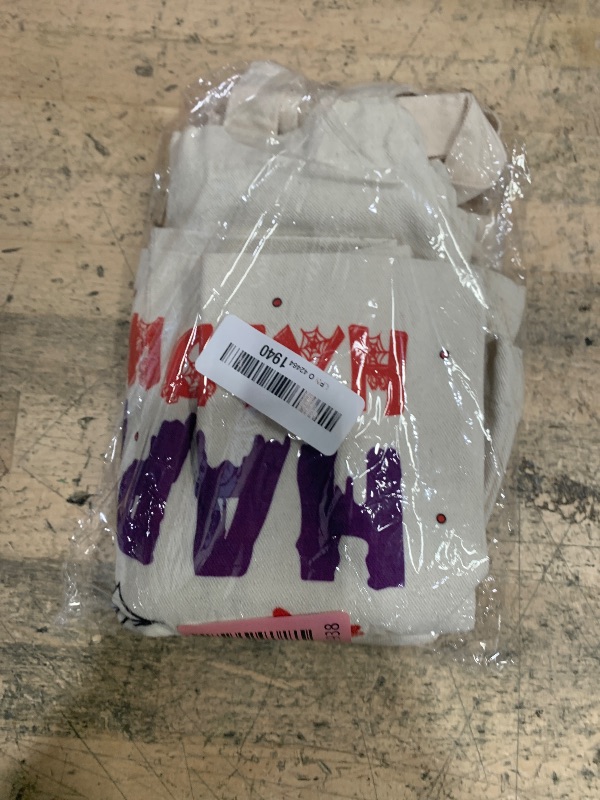 Photo 1 of 3.2" Large Halloween Tote Bags for Kids Trick or Treating, Halloween Goodie Candy Bags with Handles Ghost Bat Spider Pumpkin Design Reusable White Canvas Treat Bags for Halloweens Party Favors