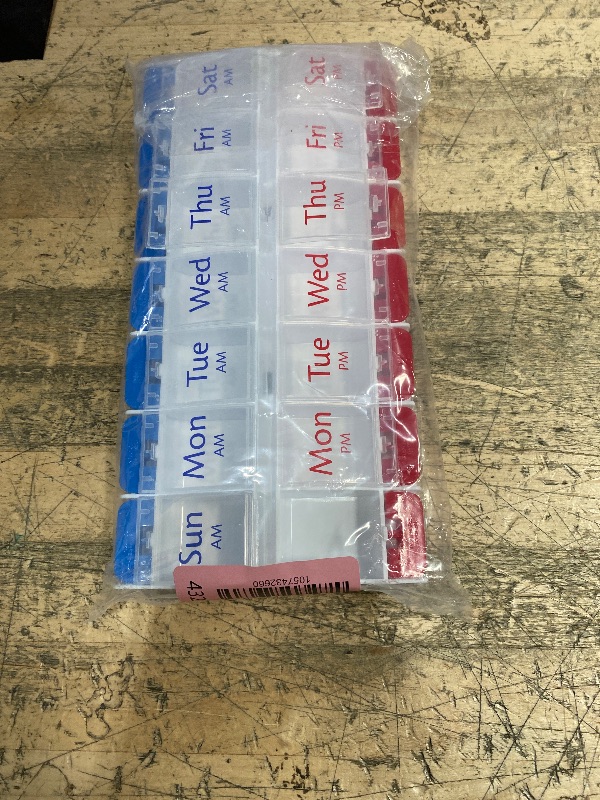 Photo 1 of **MINOR DAMAGE**EZY DOSE Push Button (7-Day) Pill Case, Medicine Planner, Daily Vitamin Organizer, 2 Times a Day AM/PM, Large Compartments, Arthritis Friendly, Easy to Use, Clear Lids, Red/Blue, BPA Free