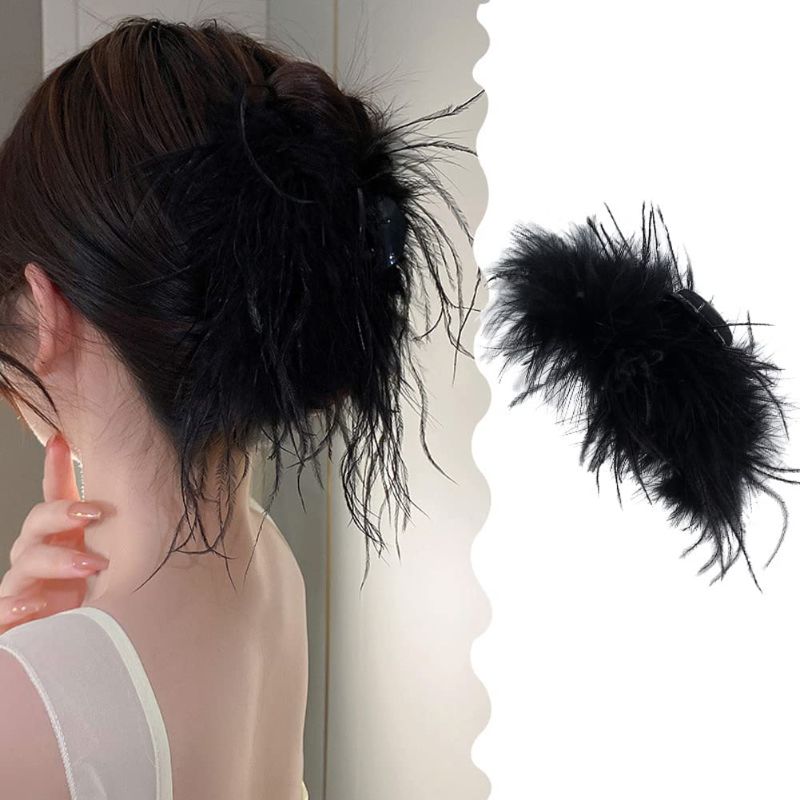 Photo 1 of Artificial Ostrich Feathers Hair Claw Clips Strong Hold Nonslip Hair Jaw Clips Barrettes Hairgrip Clamp Hair Styling Accessories for Girls Women Ladies, Black and White