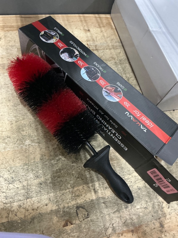 Photo 1 of (Upgraded) TAKAVU Premium Wheel & Tire Brush, Long Bristle Detailing Brush for Effortless Rim & Tire Cleaning, Non-Slip Handle, Built-in Knuckle Guard, Deep Reach for Brake Dust & Dirt Removal (Red)