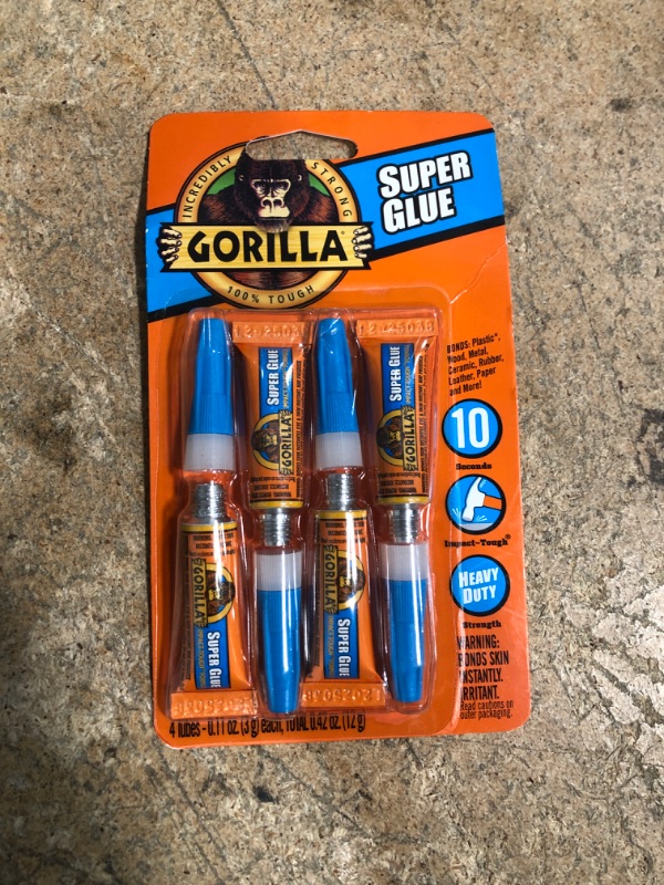 Photo 1 of Gorilla Super Glue, Clear Glue, Four 3 Gram Tubes (Pack of 1) - All Purpose and Fast Setting for Projects and Repairs