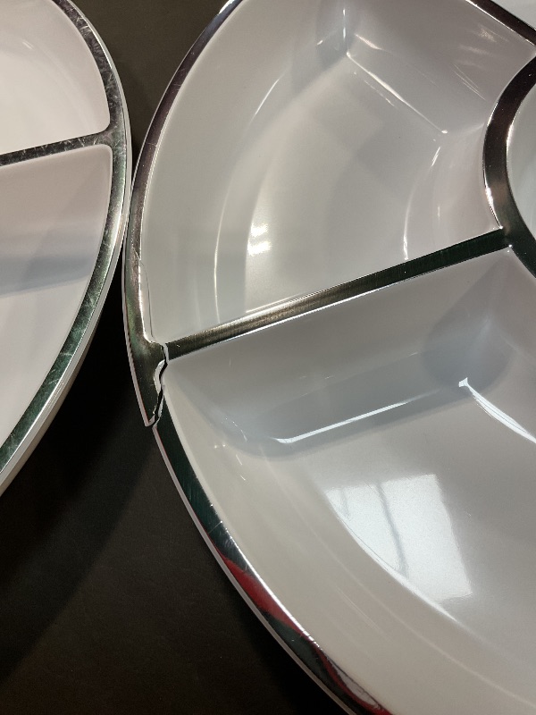 Photo 1 of **HAS BROKEN SIDE CORNERS** Plasticpro 6 Sectional Round Plastic Serving Tray/Platters White & Silver Pack of 2