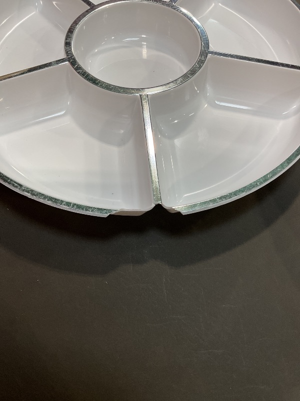Photo 1 of **HAS BROKEN SIDE CORNERS** Plasticpro 6 Sectional Round Plastic Serving Tray/Platters White & Silver Pack of 2