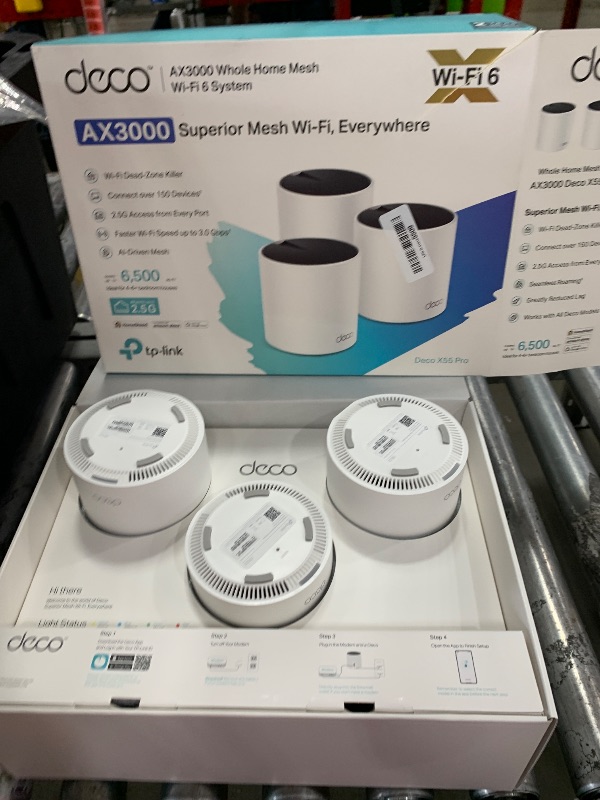 Photo 1 of **FOR PARTS/NON-FUNCTIONAL** TP-Link Deco X55 Pro AX3000 Whole Home Wi-Fi 6 Mesh System - Coverage up to 6500 Sq.Ft & up to 150 Devices, 2x2.5G WAN/LAN Ports, 4 Streams, Wired Ethernet Backhaul, Ideal for 1Gig+ Internet, 3-Pack