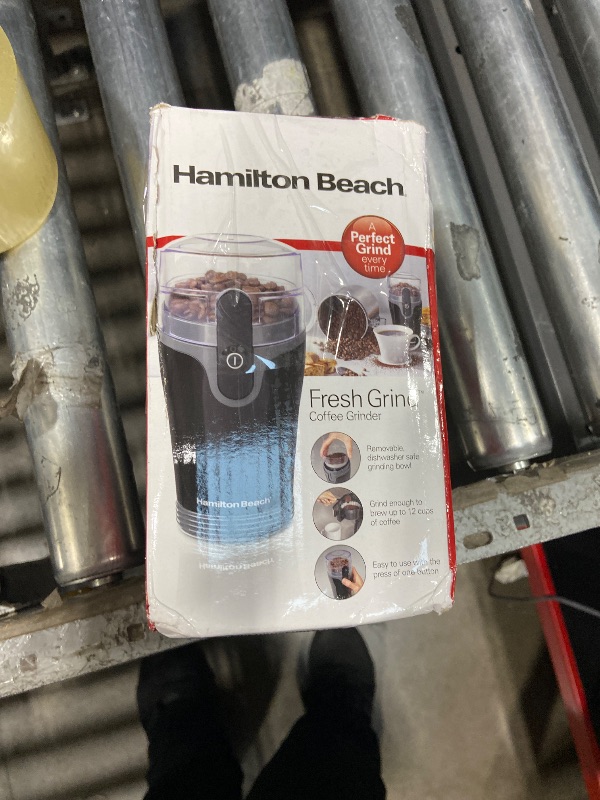 Photo 1 of Hamilton Beach Fresh Grind Electric Coffee Grinder for Beans, Spices and More, Stainless Steel Blades, Removable Chamber, Makes up to 12 Cups, Black