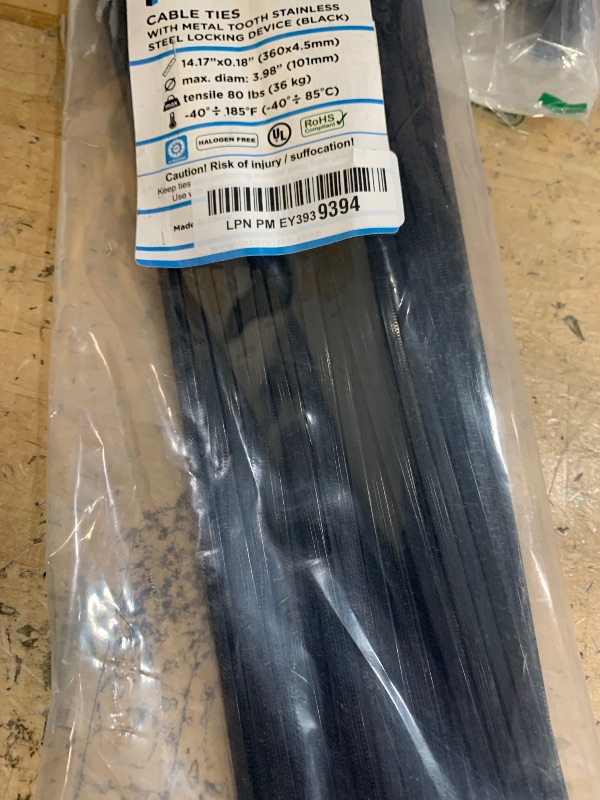 Photo 1 of intervisio Cable Ties with Metal Tooth Stainless Steel Locking Device 14” X 0.18“, Zip Ties UV Resistant, Black, Tensile Strenght 80 lbs, 100 Pieces