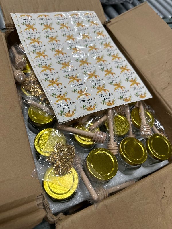 Photo 1 of **** 2 BROKEN***   AuroTrends 3oz Honey Jars with Dipper 48Pack, Mini Honey Jars for Baby Shower Favors/Wedding Favors for Guests Bulk-Mini Glass Jars with Lids/Wooden Dippers (3 fl.oz-48Pack)
