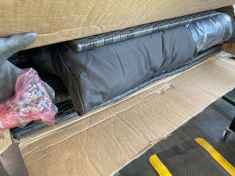 Photo 1 of ***PARTIAL SET*** Wisteria Lane Patio Furniture Set, Wicker Outdoor Patio Conversation Furniture Set, All Weather Outdoor Patio Sofa with Cushion and Glass Table, Dark Grey Box 1/2