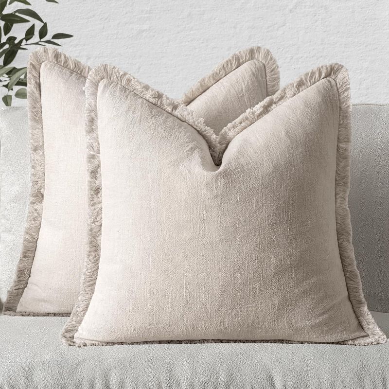 Photo 1 of ****RITALE PRICE 29.99****MIULEE Christmas Decorative Throw Pillow Covers Neutral Linen Fringe Throw Pillows Euro Shams Set of 2 Natural Beige Boho Farmhouse Cushion Covers for Couch Sofa Bed Living Room Home Decor 24x24 Inch