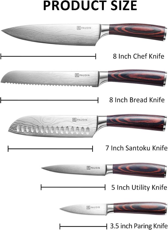 Photo 1 of ***RETAIL PRICE: $84.98****
PAUDIN Kitchen Knife Set, Ultra Sharp Knife Set with Pakkawood Handle, High Carbon Stainless Steel Knives Set for Kitchen, 5 Piece Chef Knife Set Come with Gift Box