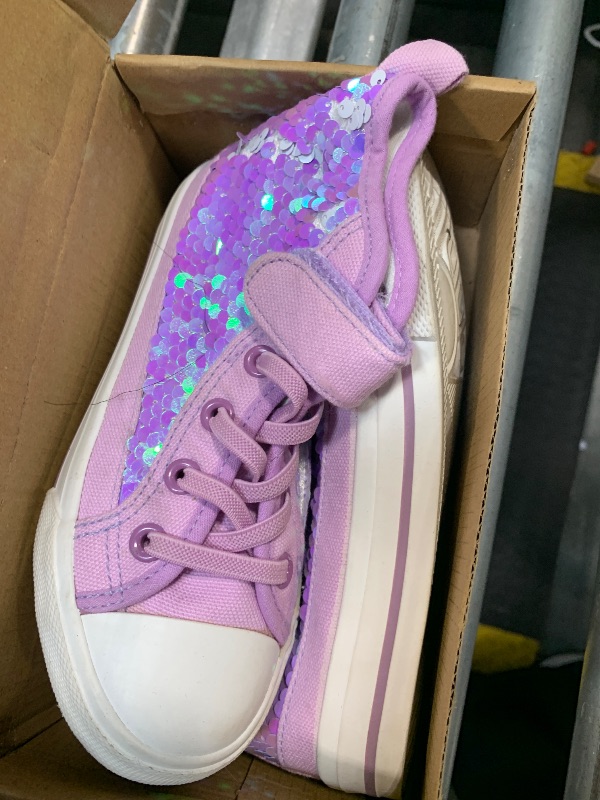 View 2 of Toandon Girls Kids Canvas Shoes Sneakers for Color Change Flipping Sequins Glitter Sparkle Glimmer High Top Adjustable Hook Loop Straps Velcro Non Slip Lightweight Purple Size 12