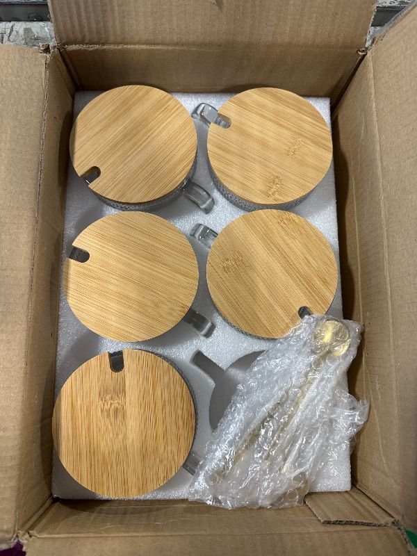 Photo 1 of **MISSING 1** Icesip 14 oz Vintage Coffee Mugs Glass of 6 Overnight Oats Glass with Bamboo Lids Spoons Handle for Latte Cereal Yogurt(6 Mixed Pattern with Spoon Hole Lid)