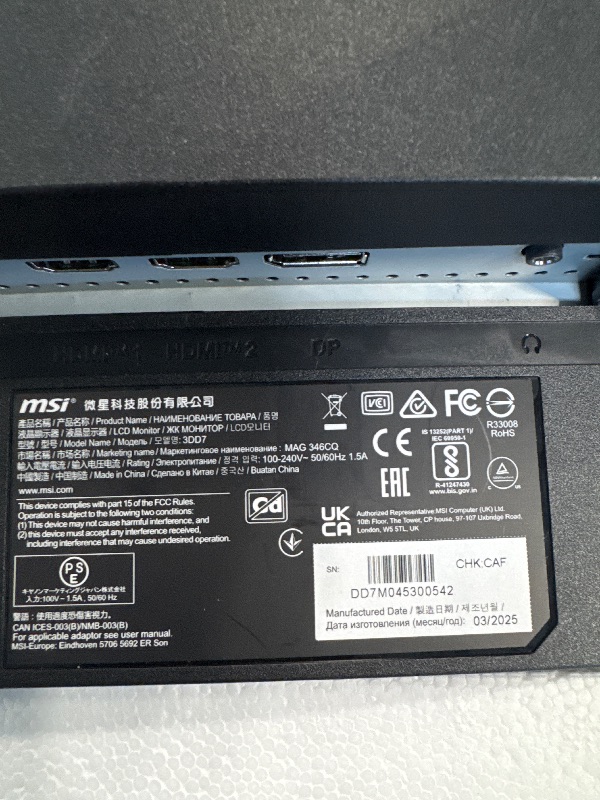 Photo 1 of ** MISSING BASE AND CABLE/ ONLY MONITOR ** MSI MAG 346CQ 34-inch 3440 x 1440 (UWQHD) Gaming Monitor, 180Hz, Adaptive-Synch, HDMI, DisplayPort, VESA Mountable, Tilt, Height Adjustable, Speaker, 1ms, Black