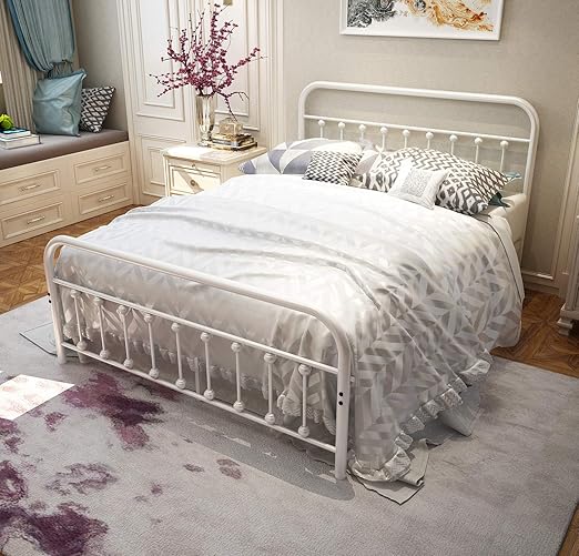 Photo 1 of ** NEW / COLOR WHITE ** NEEBIRGELIA TEMMER Metal Bed Frame Queen Size with Headboard and Footboard Single Platform Mattress Base,Metal Tube and Antique Brown Baking Paint Iron-Art Bed 