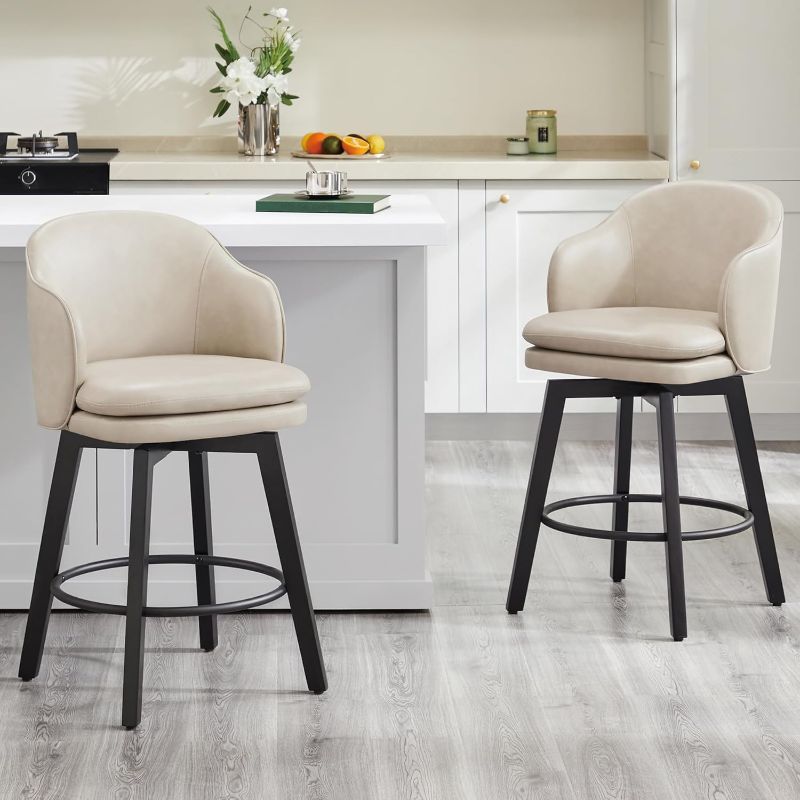 Photo 1 of ** NEW / COMPLETED HARWARE** Counter Height Barstools 26 inch Upholstered Swivel Bar Stools with Back and Wood Legs for Kitchen Island,Set of 2,Beige PU Leather