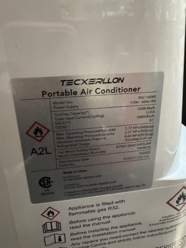 Photo 1 of ** VERY USED* TESTED FUNCTIONAL** TECXERLLON 15000 BTU Portable Air Conditioners Cools Up to 800 Sq.Ft, 4-IN-1 Self-Evaporating Portable AC Unit with Dehumidifier, Fan, Sleep Mode, 24-Hour Timer, Remote Control for Large Room, Office