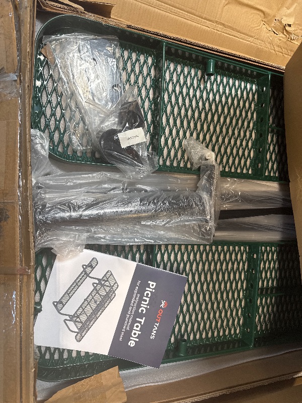 Photo 1 of ** NEW** OUTTANS Metal Picnic Furniture for Outdoors with Umbrella Hole - Coated Steel Heavy Duty Commercial Grade Table with Adjustable Seats, Patio Set for a Lifetime (Green, 8' Rectangular)