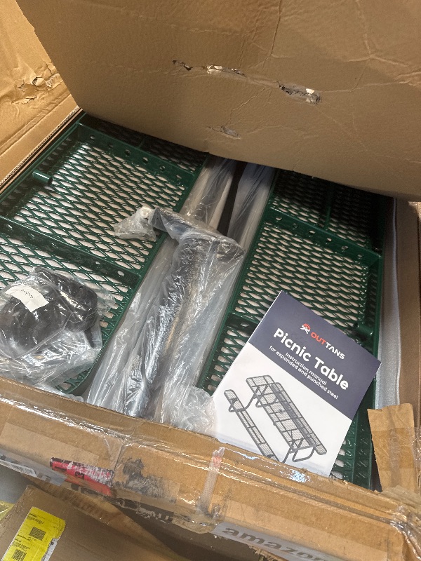 Photo 1 of ** NEW** OUTTANS Metal Picnic Furniture for Outdoors with Umbrella Hole - Coated Steel Heavy Duty Commercial Grade Table with Adjustable Seats, Patio Set for a Lifetime (Green, 8' Rectangular)