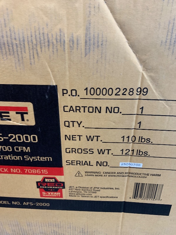 Photo 1 of ** USED / TESTED FUNCTIONAL ** JET Air Filtration System, 1-Micron Filter, 1700 CFM, 115V 1Ph (Model AFS-2000)