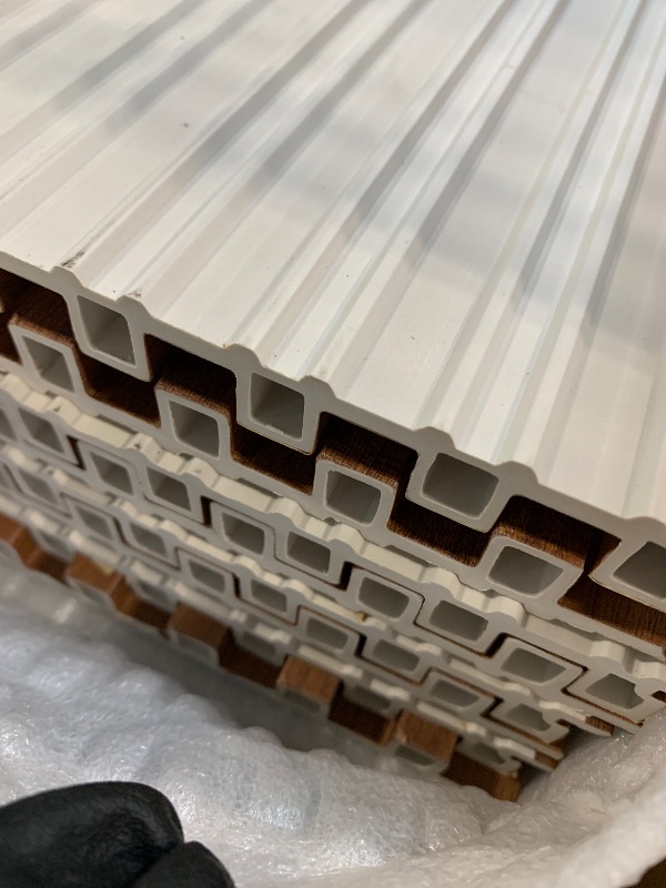 Photo 1 of ** NEW/ FINAL SALE NO RETURN ** Art3dwallpanels Wood Slat Wall Paneling, 104'' x 6.7'' WPC Soundproof 3D Wall Panels for Interior Wall Decor, 8 Pack Fluted Textured Panel Wall Slats, Teak