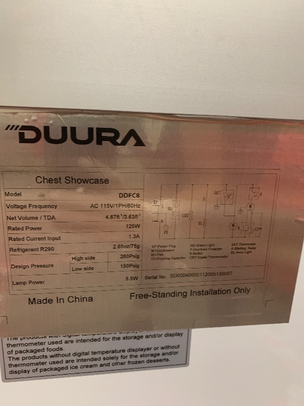 Photo 1 of ** USED / TESTED / FUNCTIONAL ** Duura Commercial Mobile Ice Cream Display Chest Freezer Sub Zero Temp Curved Glass Top Frost Free Lid with 5 Wire Baskets, 47.4 Inch Wide 12.8 Cubic Feet, White